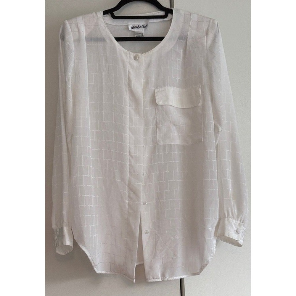 Yves St Clair‎ White Windowpane Grid Long Sleeve Blouse Vintage Size 8
